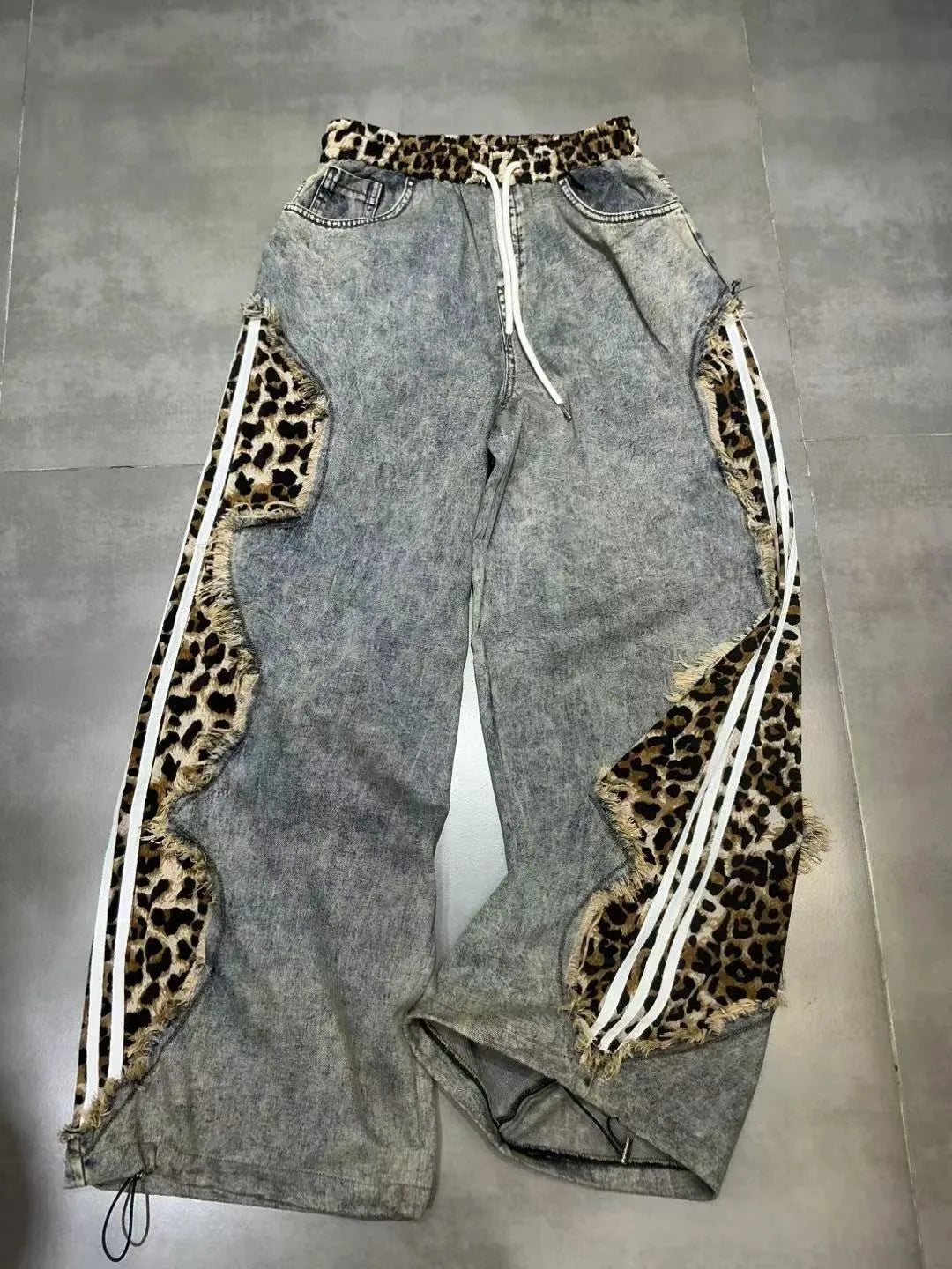 Trendy Drawstring Casual Women's Jeans Spring Summer New Style Side Color Block Striped Washed Grey Pants Natural Waist Denim