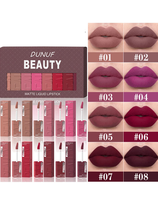 8Pcs/Set Nude Brown Matte Liquid Lipstick Velvet Sexy Dark Red Lip Glaze Non-stick Cup Not Easy To Fade Lip Gloss Lipstick Makeu