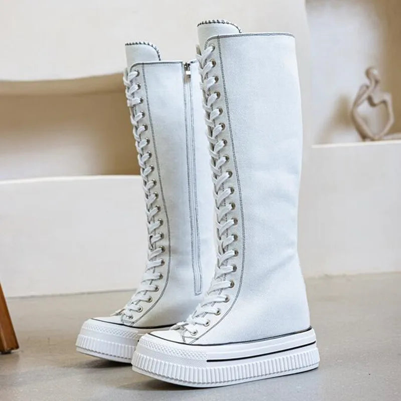 NEW Luxury Platform Boots Women Canvas Casual High Top Shoes Long Boot Lace-Up Zipper Comfortable Flat Sneakers Tenis Feminino