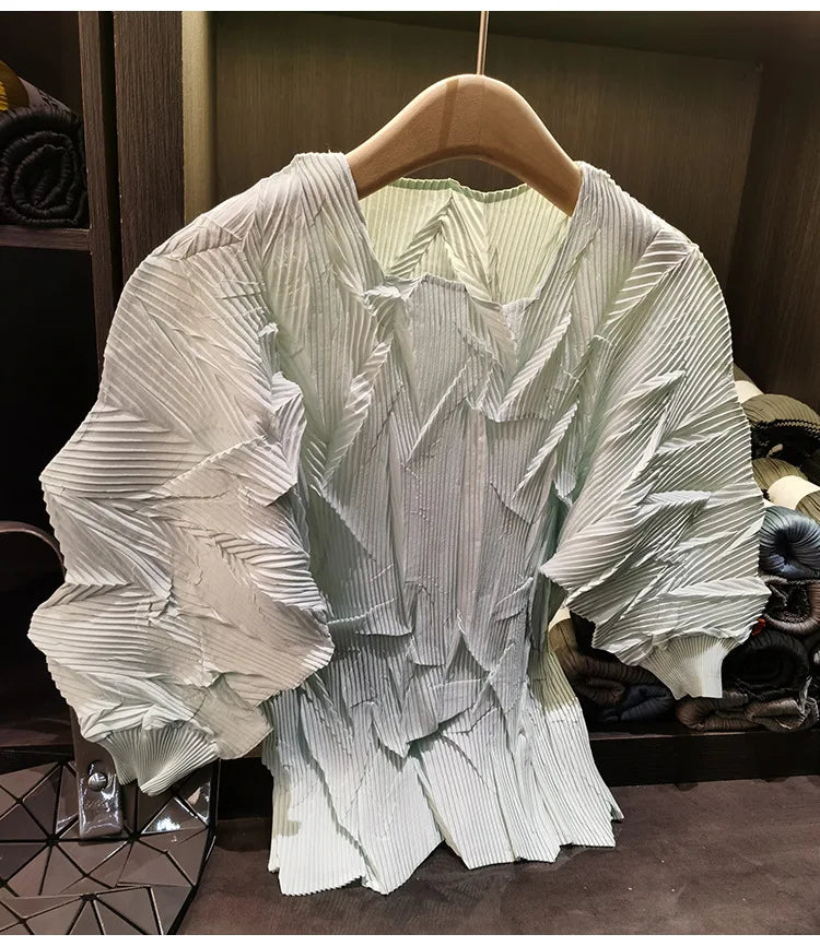 LANMREM New Batwing Sleeve Pleated Women's T-shirt American Style Loose Versatile Chic Round Collar Pullover Tops 2DB6558