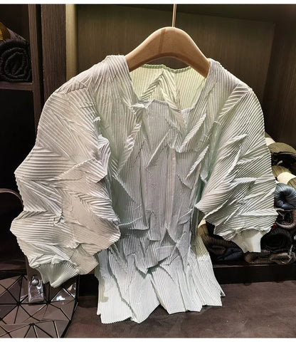 LANMREM New Batwing Sleeve Pleated Women's T-shirt American Style Loose Versatile Chic Round Collar Pullover Tops 2DB6558