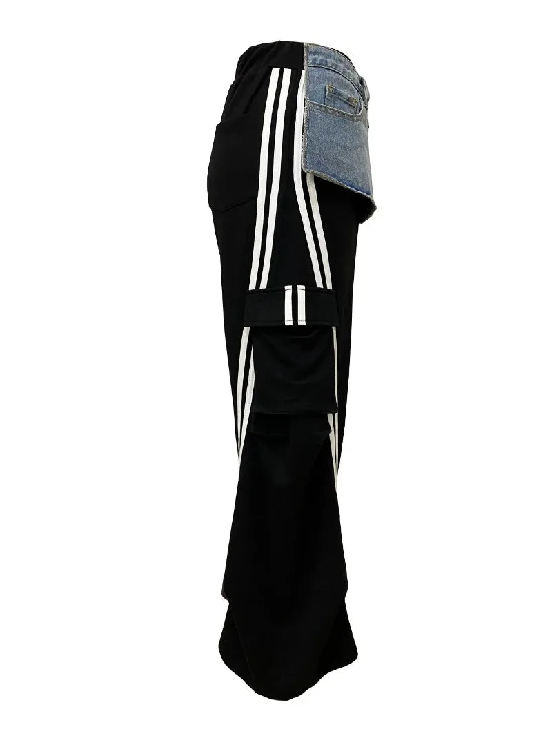 Customized Fashion Women Denim Patchwork Pocket Side Wide Leg Loose Jogger Pants Active Jean Splicing Sweatpants Trousers