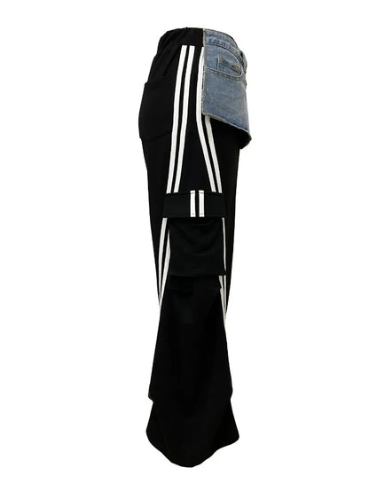 Customized Fashion Women Denim Patchwork Pocket Side Wide Leg Loose Jogger Pants Active Jean Splicing Sweatpants Trousers
