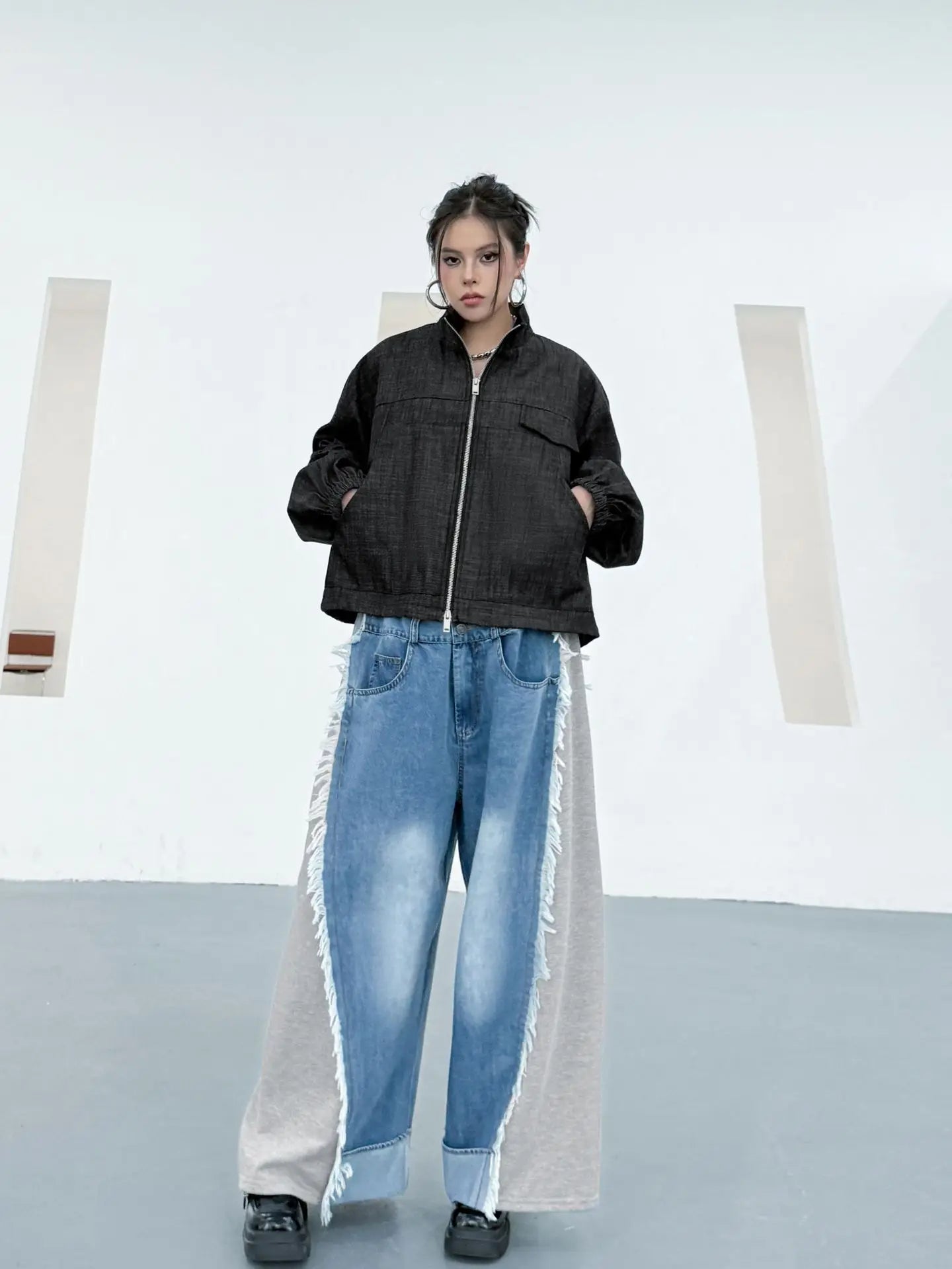NYFS Europe United States Patchwork Loose plus Size Women's Jeans Elastic Waist Trousers Autumn Fashion Denim Wide-leg pants
