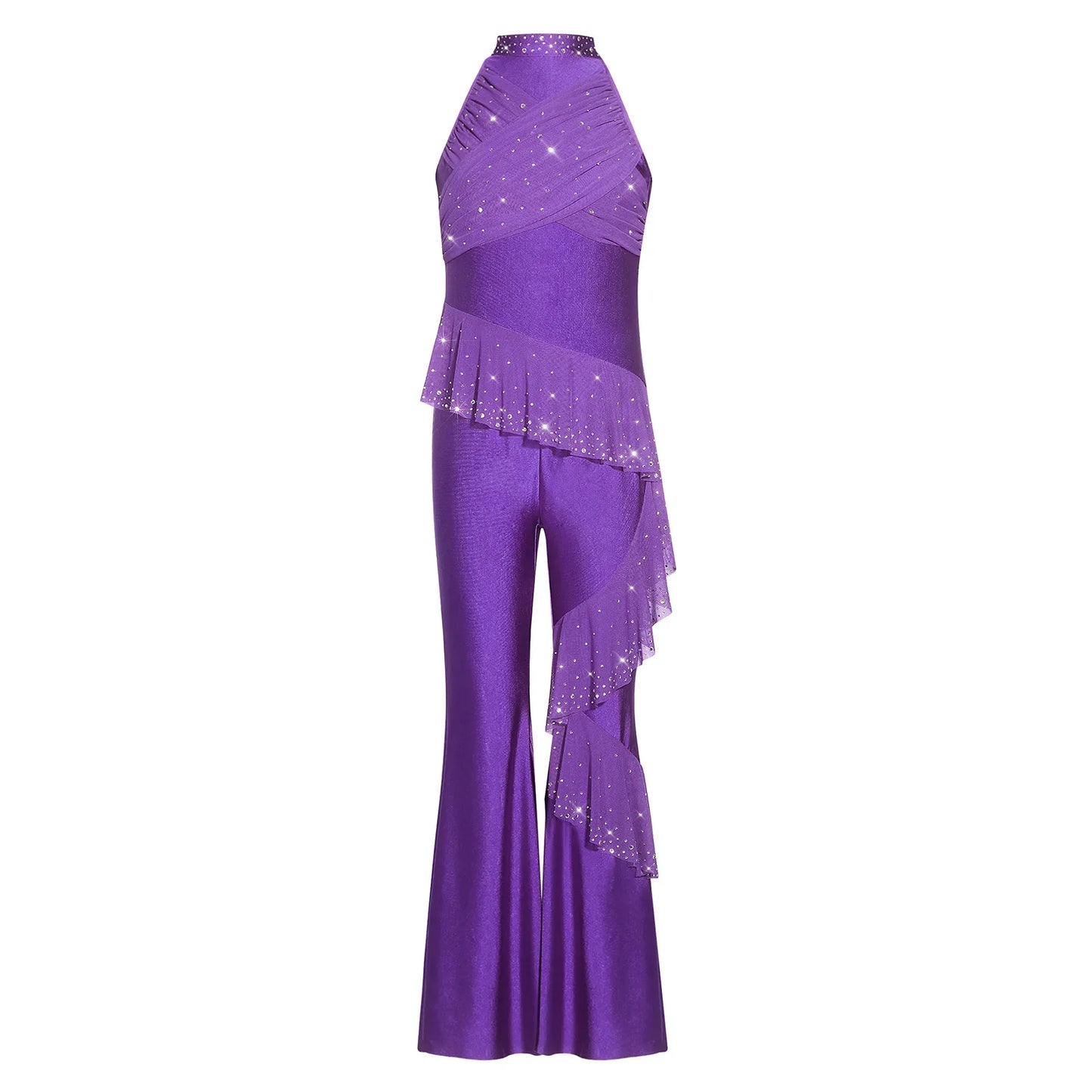 Kids Girls Figure Skating Jumpsuit Ballet Gymnastics Acrobatics Dance Leotard Sleeveless Shiny Rhinestones Ruffles Mesh Bodysuit