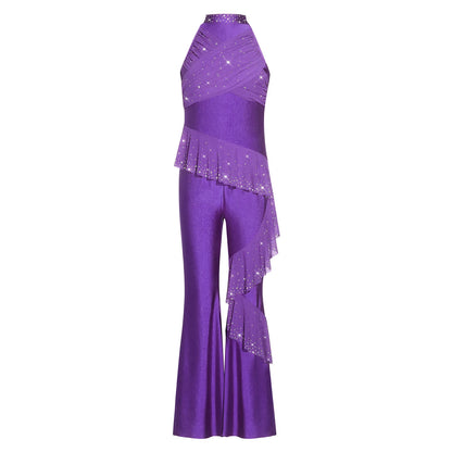 Kids Girls Figure Skating Jumpsuit Ballet Gymnastics Acrobatics Dance Leotard Sleeveless Shiny Rhinestones Ruffles Mesh Bodysuit