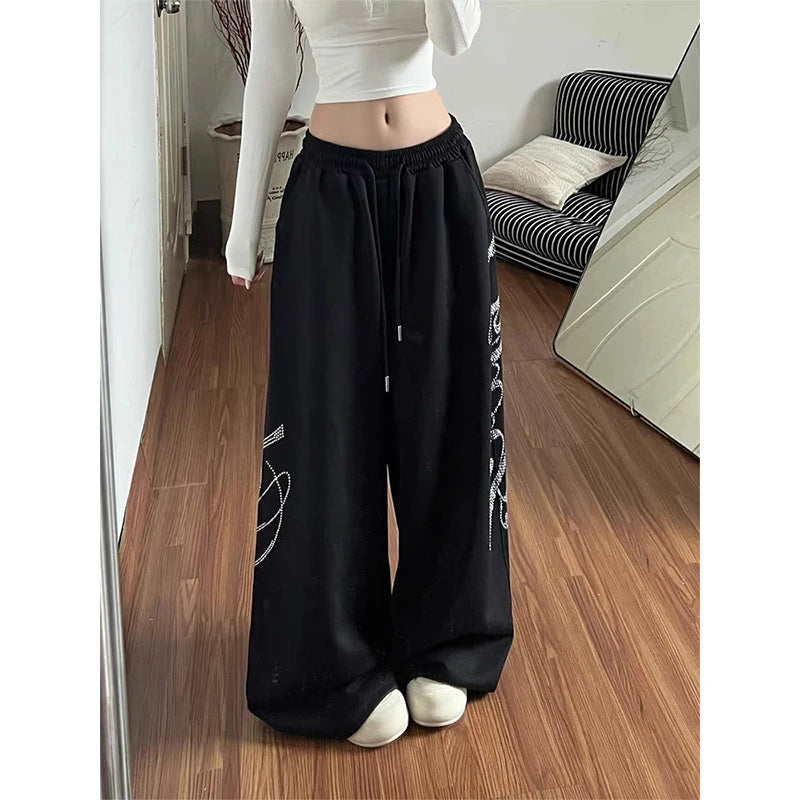 2026 Spring Women Black Gothic Baggy Y2k Letter Pants Aesthetic 2000s Vintage Oversize Hip-pop Sweatpants Wide Leg Trousers