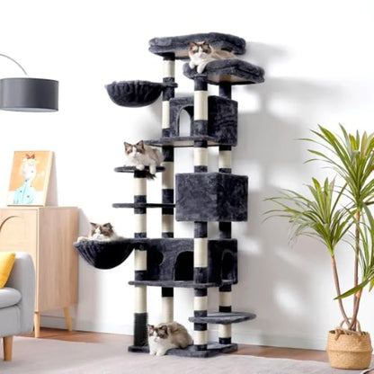 Cat Tree 74 inches Multi-Level XL Large Cat Tower for Indoor Cats with Three Cat Condos Two Large Top Decks and Cat Hairbrush f