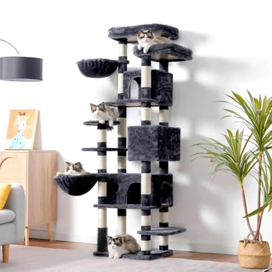 Cat Tree 74 inches Multi-Level XL Large Cat Tower for Indoor Cats with Three Cat Condos Two Large Top Decks and Cat Hairbrush f