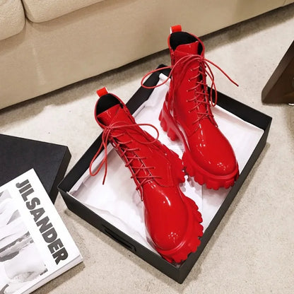 High End Women Boot Fashion Patent Leather Ankle Boots Exquisite Lace Platform Boots for Woman Luxury Designer Shoes Botas Mujer
