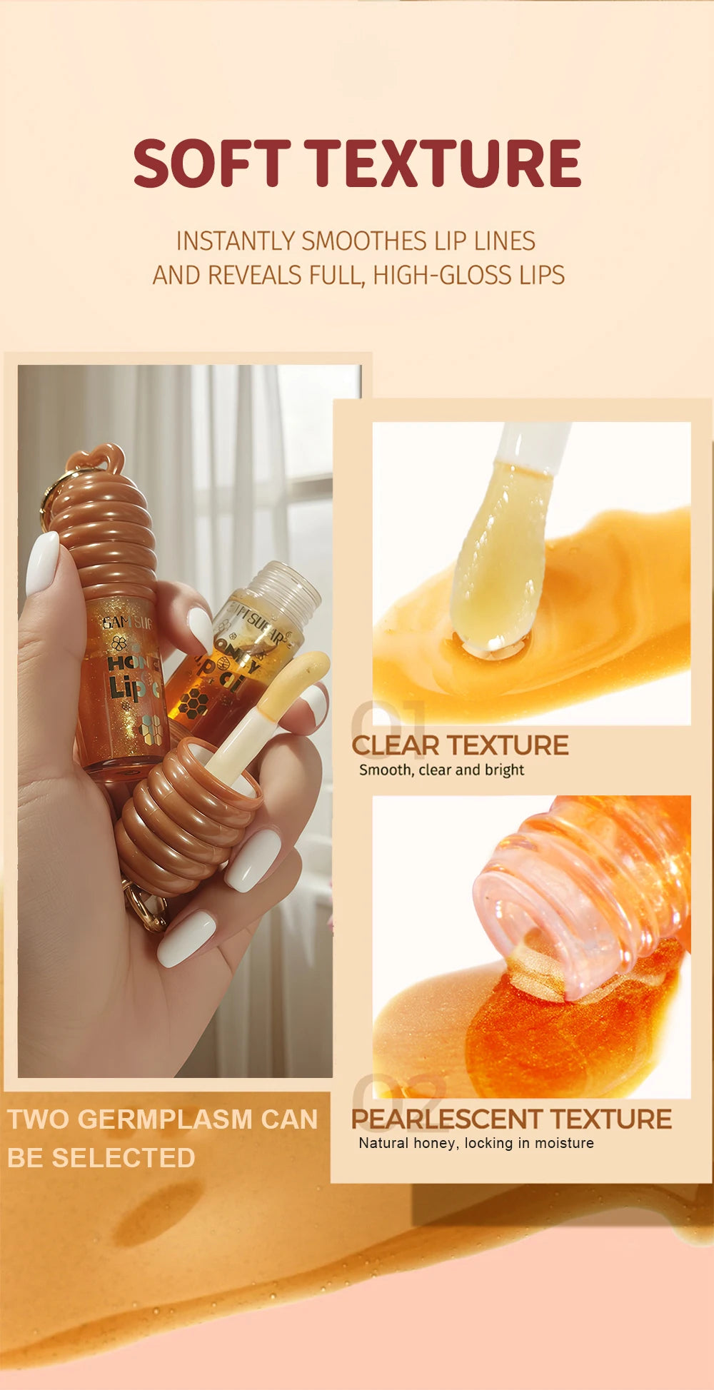 SAM SUGAR 2-Color Honey Essence Lip Oil Long-Lasting Moisture, Reduces Lip Lines Transparent Hydrating Lip Gloss