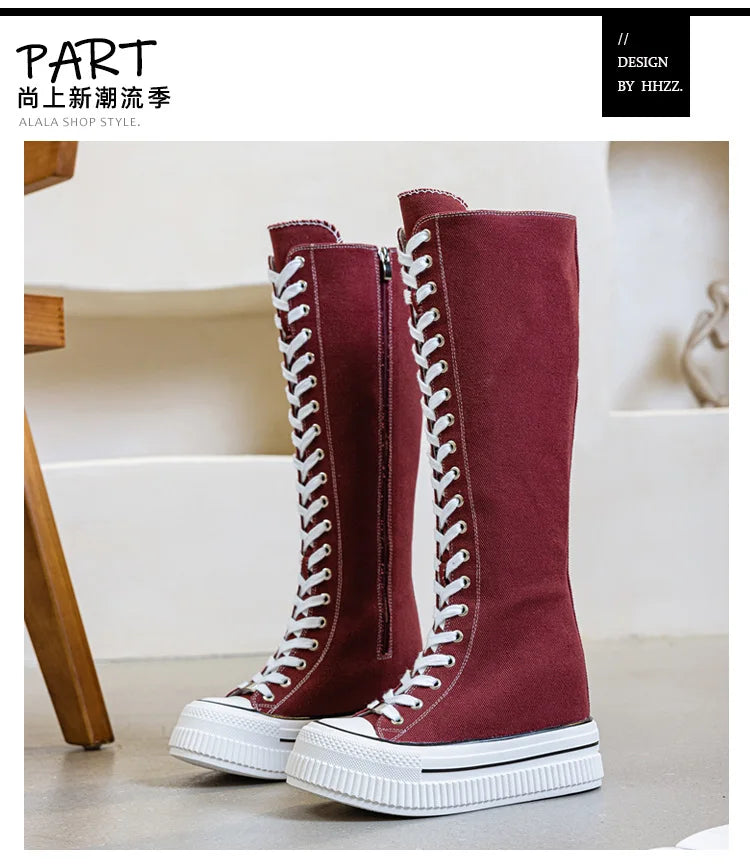 NEW Luxury Platform Boots Women Canvas Casual High Top Shoes Long Boot Lace-Up Zipper Comfortable Flat Sneakers Tenis Feminino
