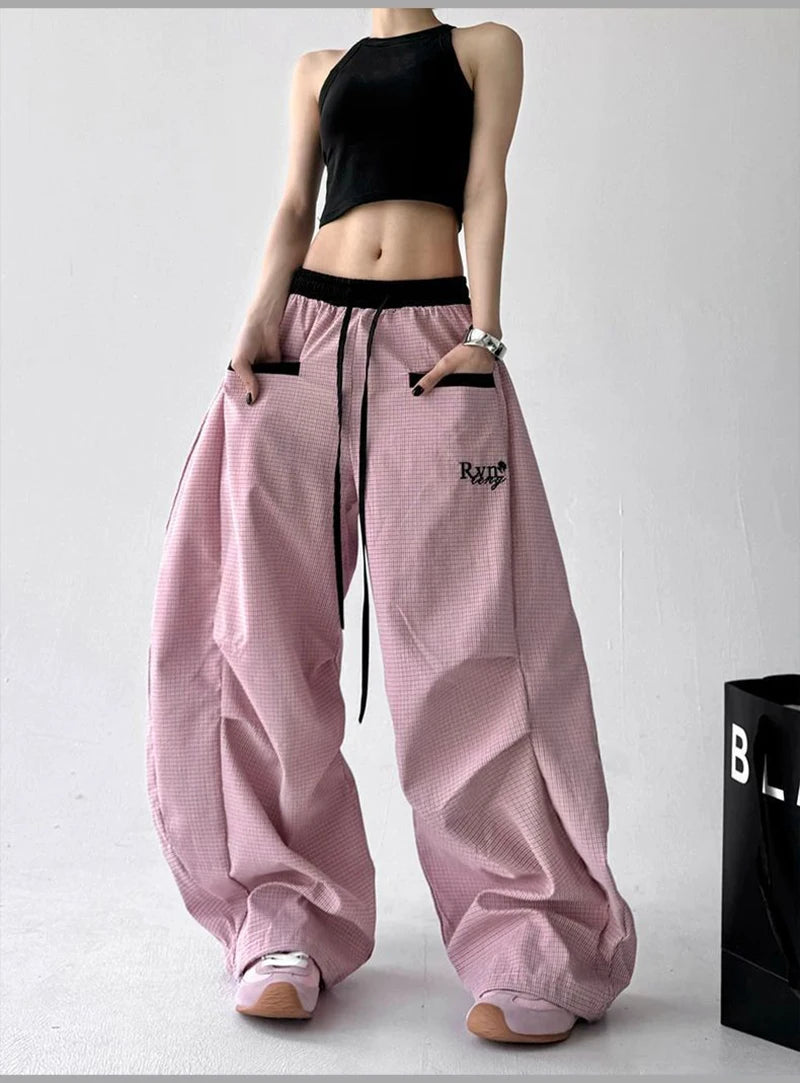Streetwear Hip Hop Plaid cargo Pant Women Summer Design Scimitar Jazz Dance Wide Leg Pants High Waist Loose All Match Long Pants