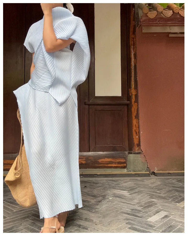 Miyake Pleated Women Set 2026 Summer New Solid Color Irregular Design T-shirt Loose Large Half Skirt Female Two Piece Set