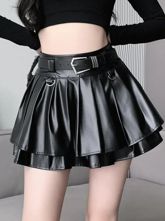 New Silvery High Waist Slim A-line Short Puffy Skirt Black With Belt Pleated Pu Leather Ball Gown Skirt Women
