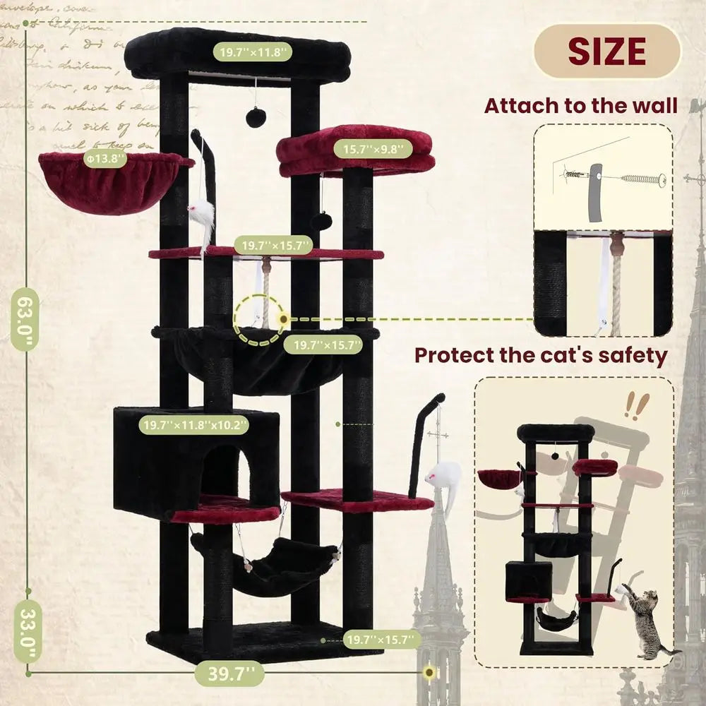 Gothic Cat Tree, Cat Tower or Large Cats with 2 Big Platorms, 2 Baskets, condo and Toys, 63" Cat Scratching Posts or Indoor Cats