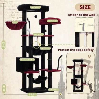 Gothic Cat Tree, Cat Tower or Large Cats with 2 Big Platorms, 2 Baskets, condo and Toys, 63" Cat Scratching Posts or Indoor Cats