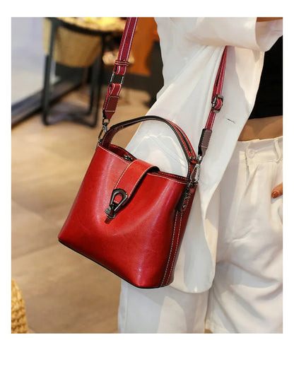 Real Cowhide Leather Women's New Bucket Bag Lady Fashion Single Shoulder Messenger Bag Versatile Handbag Casual Crossbody Bags