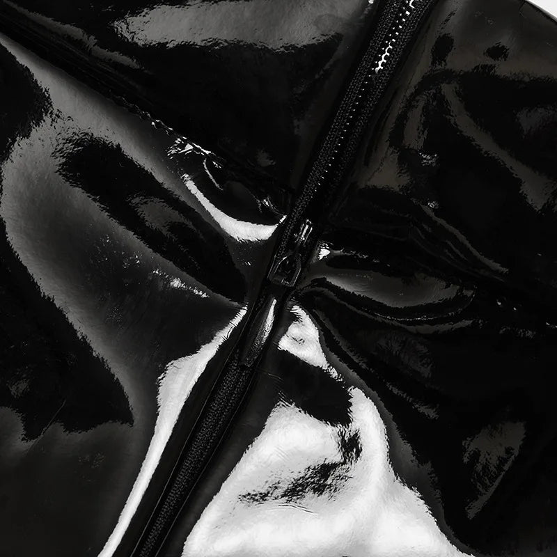 Women Black Patent Leather Pleated Mini Skirt High Waist Flared Gothic Punk Skirt Edgy Streetwear Skirt For Daily Wear & Dating