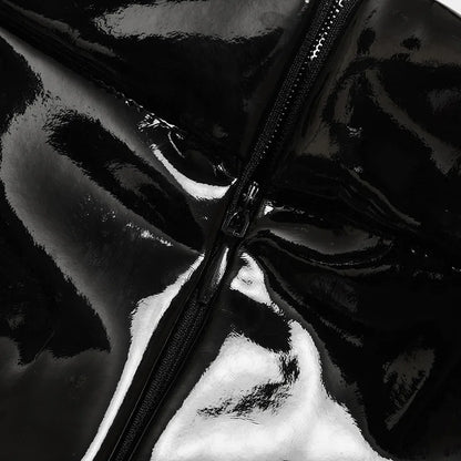 Women Black Patent Leather Pleated Mini Skirt High Waist Flared Gothic Punk Skirt Edgy Streetwear Skirt For Daily Wear & Dating