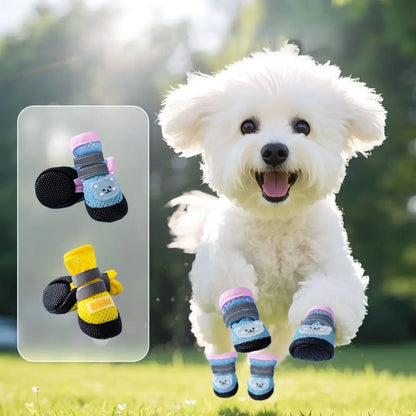 4Pcs/Set Cute Breathable Dog Mesh Shoes Adjustable Wear-resistant Dog Paw Protectors Reflective Dog Footwear Hiking