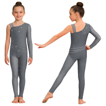 Kids Girls Ballet Dance Gymnastics Leotard Shiny Rhinestones Mesh Asymmetrical Jumpsuit for Figure Skating Acrobatic Performance