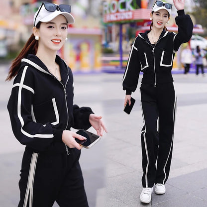 Women's Fashion Color Matching Zipper Cardigan Jacket + Wide-leg Pants Sports Casual Loose Two Piece Set