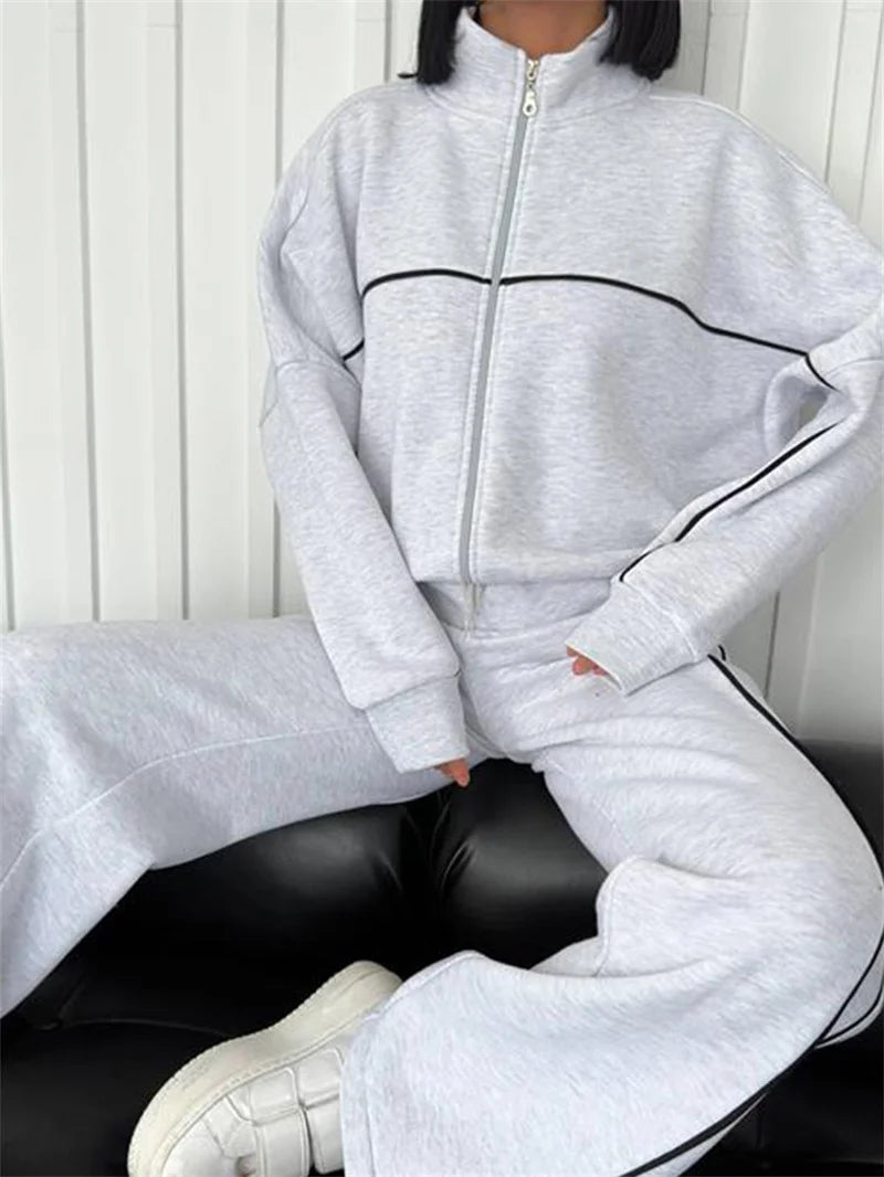 Sweatshirt Two-piece Suit Women's Oversize Striped Casual Sports Sets Zipper-up Short Jacket Straight Trousers 2-piece Sets