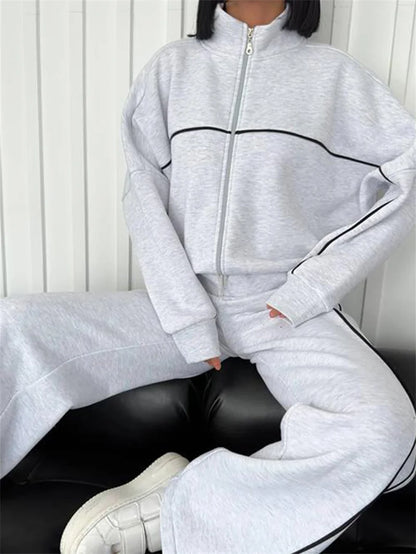 Sweatshirt Two-piece Suit Women's Oversize Striped Casual Sports Sets Zipper-up Short Jacket Straight Trousers 2-piece Sets