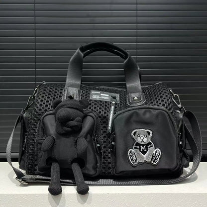 Ladies' fashionable mesh splicing casual handbag with multiple pockets, teddy bear doll, single shoulder diagonal cross bag