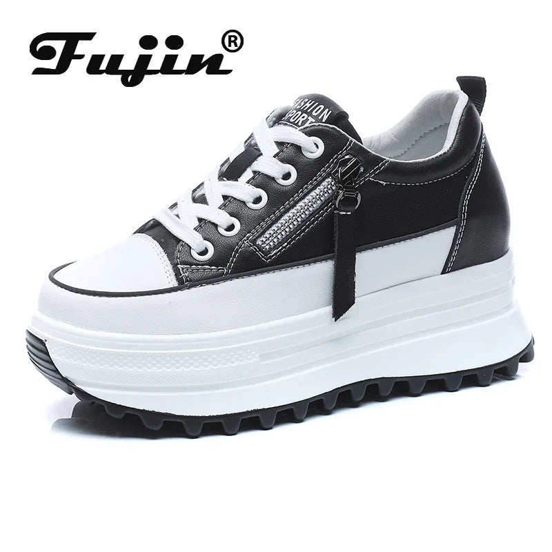Fujin 7cm Genuine Leather Women Platform Shoes Wedge Sneakers Lace Up