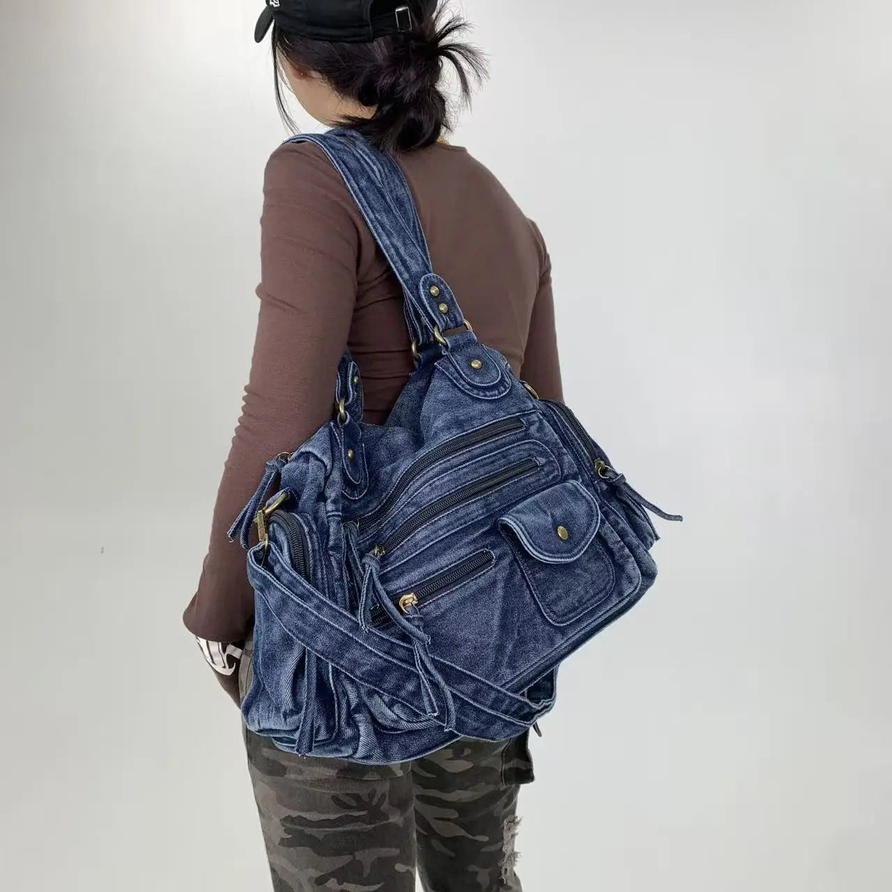 Y2K Street Personalized Women's Multi Pocket Shoulder Bag Large Capacity Retro Motorcycle Tote Bag