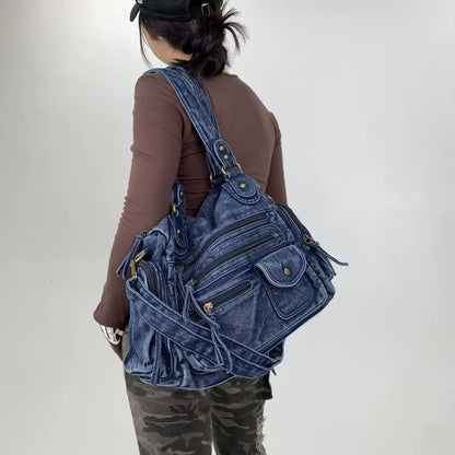 Y2K Street Personalized Women's Multi Pocket Shoulder Bag Large Capacity Retro Motorcycle Tote Bag