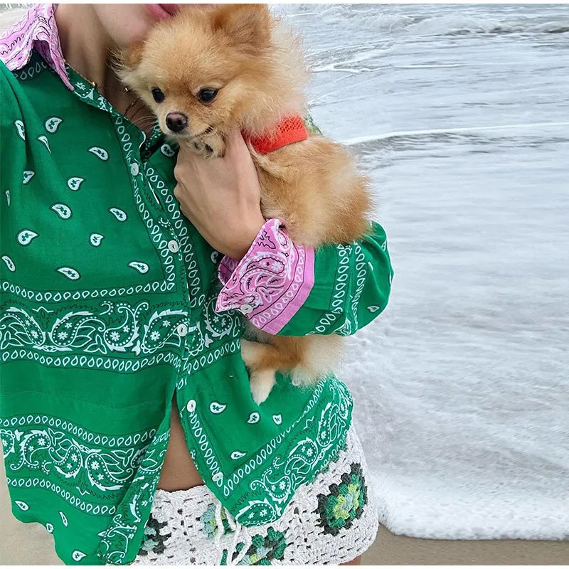 Women's Bandana Print Two Piece Set Boho Long Sleeve Shirt & Wide Leg Pants Matching Outfits for Beach Vacation Streetwear 2026