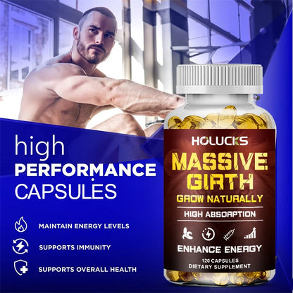 Massive Girth Supplement Capsules for Men, Testosterone Boost, Enhanced Size, Strength, Energy, Endurance, Immune Suppport