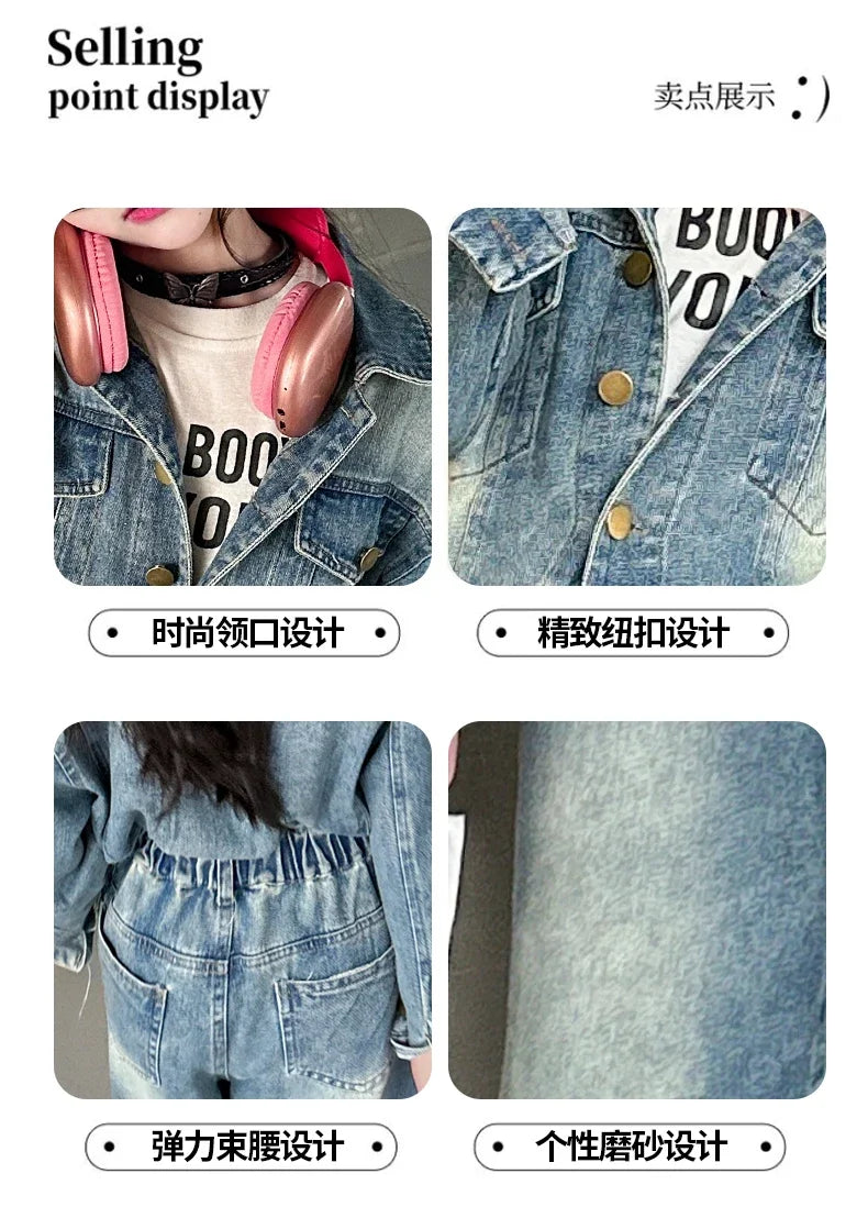 2025 Spring teen Kids girl Denim Jumpsuits Long Sleeve Overalls Children Fashion Jeans Loose Trousers Korean junior Girls Outfit