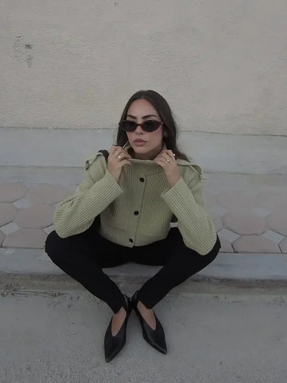 Women Solid Stand Neck Knitted Cardigan Casual Elegant Full Sleeve Fit Short Sweater 2026 Lady Winter Daily Commuting Knitwear