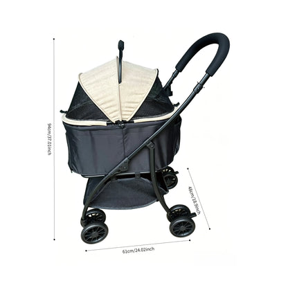 Pet Stroller 2-in-1 Detachable with Removable Lightweight Carrier Basket One-Click Fold 4-Wheel Dog Cat Trolley Breathable Mesh Windows Large Storage Space for Small Medium Pets