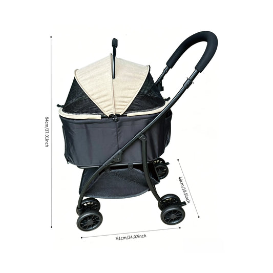 Pet Stroller 2-in-1 Detachable with Removable Lightweight Carrier Basket One-Click Fold 4-Wheel Dog Cat Trolley Breathable Mesh Windows Large Storage Space for Small Medium Pets
