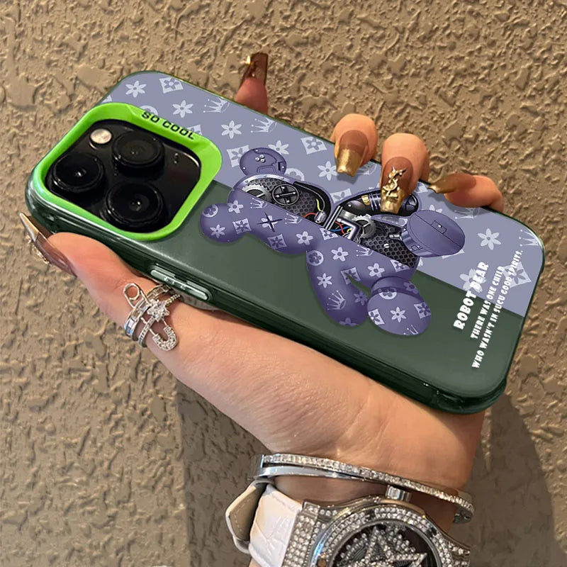 Matte Hard Case for iPhone 16 15 14 13 12 11 Pro Max XS X XR 8 7 Plus SE 2020 Luxury Retro Robot Bear Shockproof Plating Cover