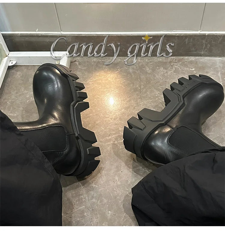 Retro Chelsea Mid-Calf for Women  New round Toe Muffin Gear Platform Black Mid-Calf Length Motorcycle Boots