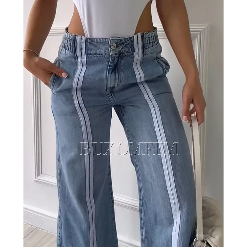 Women's Slit Flared Pants Female Individualretro Loose Jeans Front Striped Long Trousers Y2k Streetwear Elegant Pant Bottoms