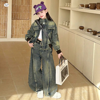 American Retro Denim Set for Girls  2026 Spring New Style Buttoned Collar Coat and Floor-Length Pants Set 5-13Y