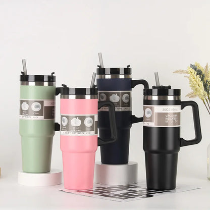 Stainless Steel Car Thermos Bottle Travel Sports Water Bottle Large Capacity with Handle Straw Mug Outdoor Coffee Cup 20oz/30oz