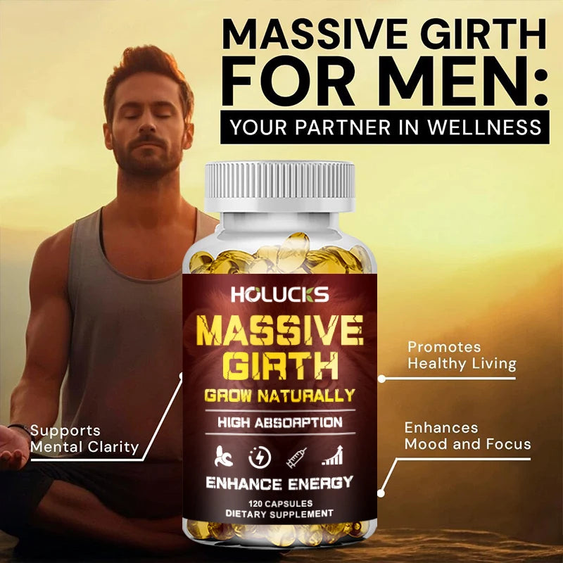 Massive Girth Supplement Capsules for Men, Testosterone Boost, Enhanced Size, Strength, Energy, Endurance, Immune Suppport