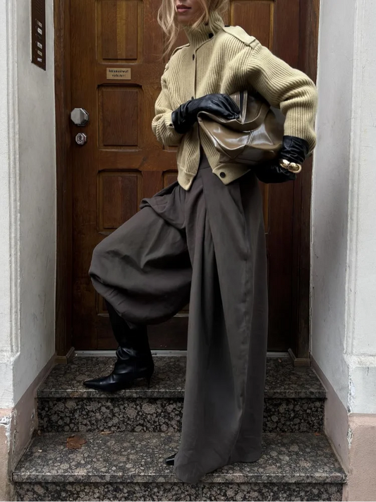 Women Solid Stand Neck Knitted Cardigan Casual Elegant Full Sleeve Fit Short Sweater 2026 Lady Winter Daily Commuting Knitwear