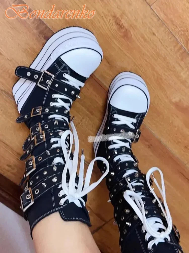 Thick Sole Platform Boots Round Toe Belt Buckles Knee High Boots Women Sexy New Shoes Lace Up Fashion Shoes Customized Big Size