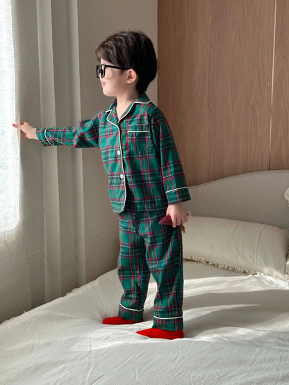 2025 New Christmas Children's Pajama Sets Plaid Print Clothing Set Button Full Sleeve 2 Pcs Suit Homewear Thin Pyjamas Xmas Look