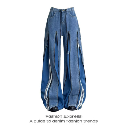 Trendy Color Block High Waist Wide Leg Jeans Women's New 2026 Zipper Pants Autumn Small Design Casual Comfortable Fit