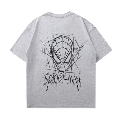 Spider Man New 2026 Back Print Graffiti Line Art T Shirt Men Women Summer Cotton Short Sleeve O Neck Oversized Black Streetwear Tops